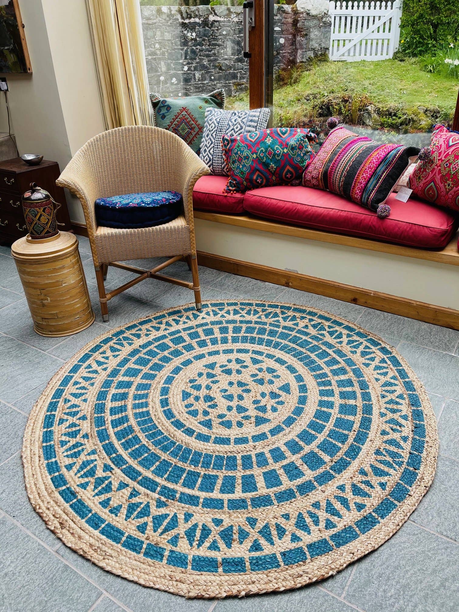 Mandala Round Braided Jute Rug with Blockprint Indian White Design Large 